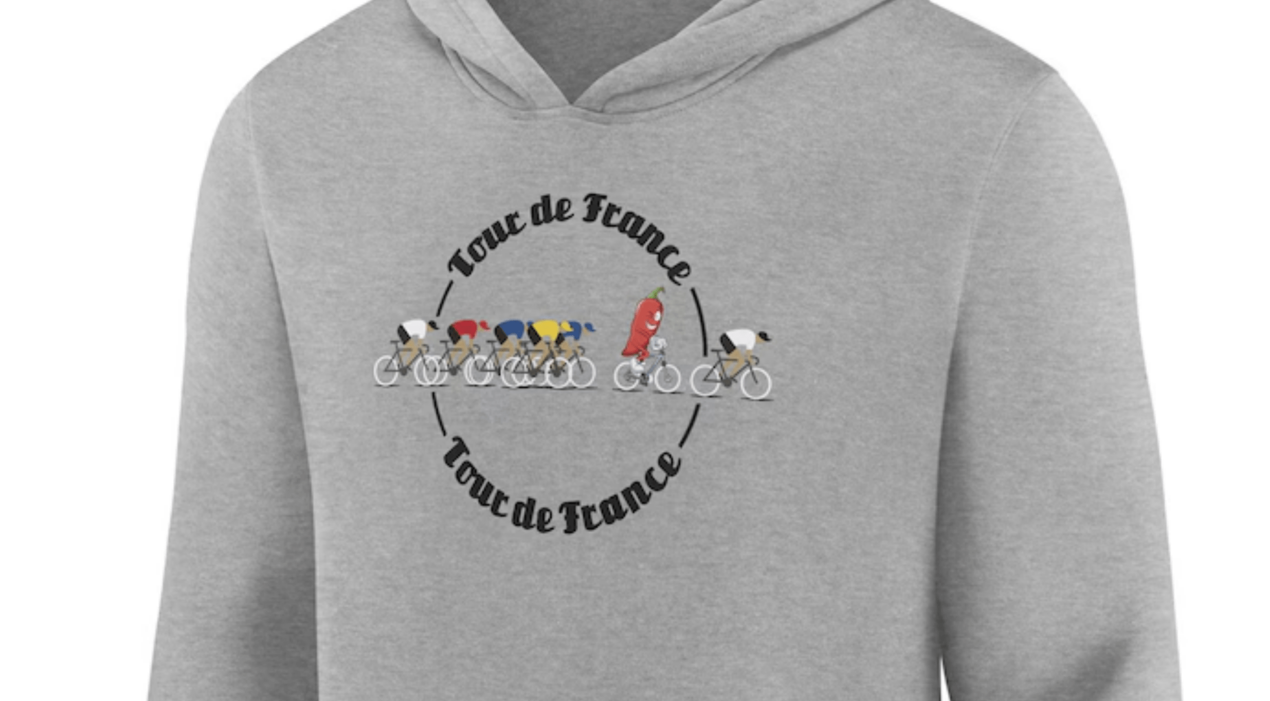 Grey Tour de France hoodie with a circular motif on the front saying 'Tour de France' twice, and a string of riders chasing after an enormous winking chilli on a bike. 